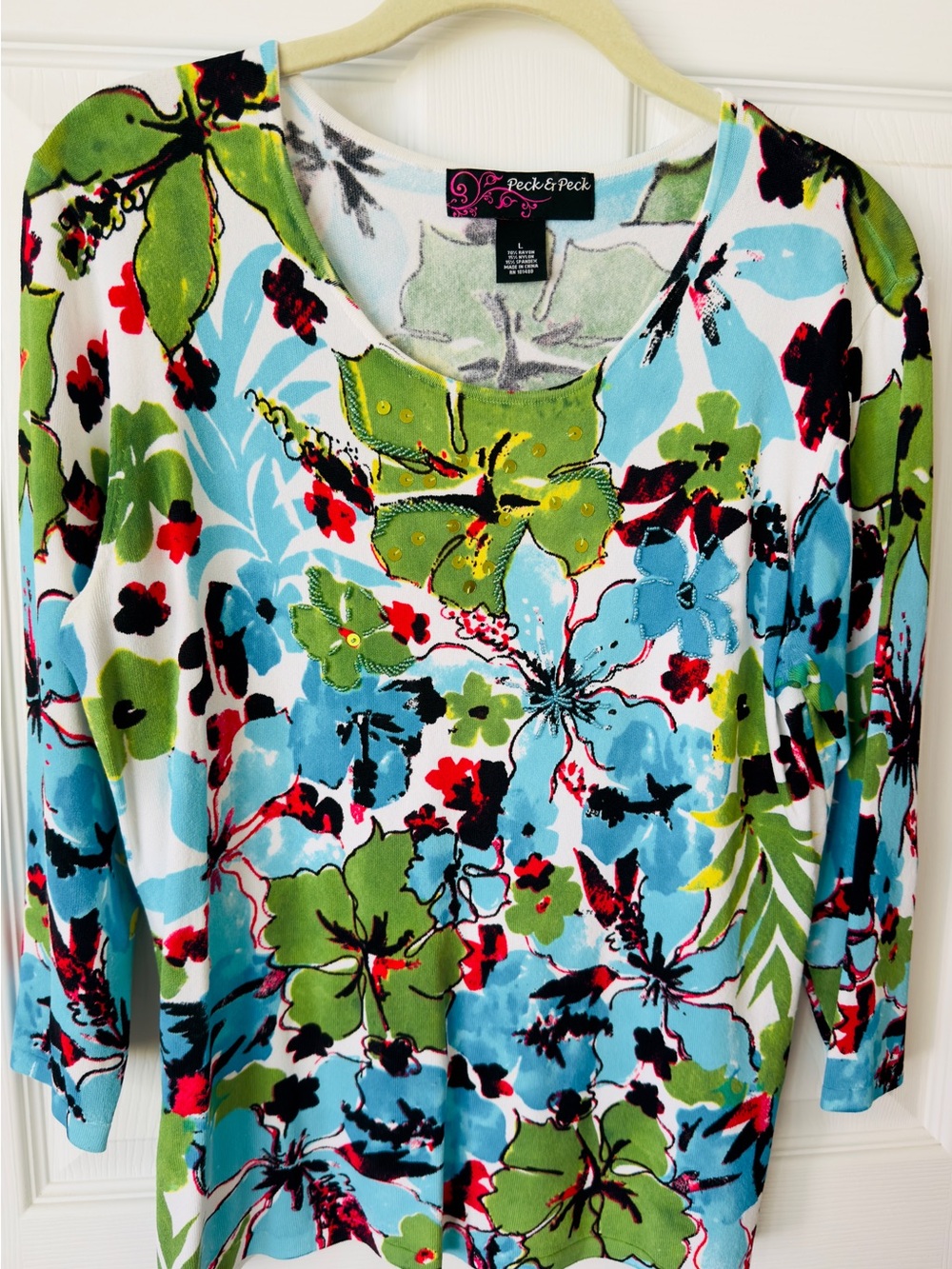 Peck & Peck Multicolor Floral Scoop Neck 3/4 Sleeve Top
